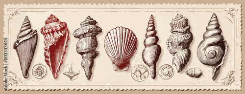 다양한 조개껍데기와 작은 동전들이 빈티지 스타일로 그려진 그림