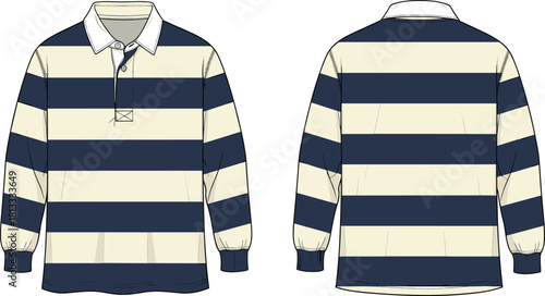Classic rugby shirt design with bold horizontal stripes, detailed collar stitching, long sleeves, and professional apparel cad drawing flat vector illustration, fashion template