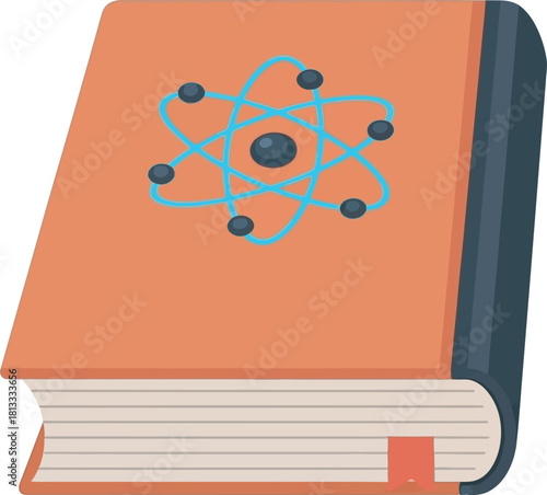 A closed, hardcover book in orange/dark blue with an atom symbol on the cover. Clear vector for concepts of science education, physics, chemistry, academic learning, textbooks, knowledge, or research.