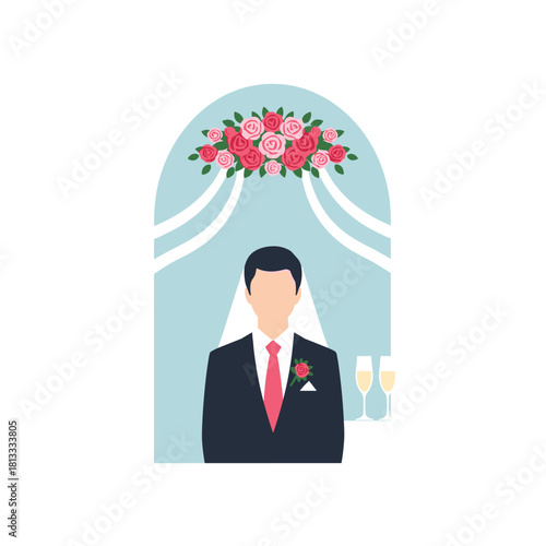 Handsome groom in a suit with a rose boutonniere waiting under a beautiful wedding arch decorated with pink flowers.