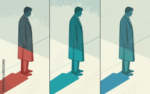 세 가지 다른 색상의 그림자가 드리워진 코트를 입은 남자의 측면 모습, 추상적인 개념 표현