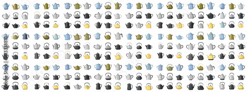 Colorful pattern of various kitchen teapots and stovetop kettles in flat design vector style, suitable for backgrounds or textiles.