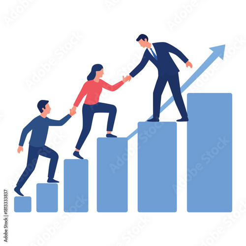 People climbing ascending bars with mutual support, symbolising teamwork, leadership, and progress
