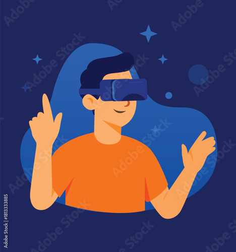 A person wearing a VR headset interacting with a digital environment, symbolising virtual reality engagement