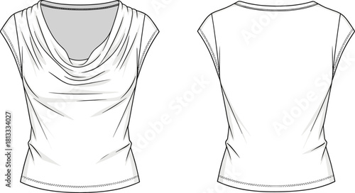 Elegant women’s draped cowl-neck top front and back cad drawing flat vector illustration for fashion design template and garment detailing