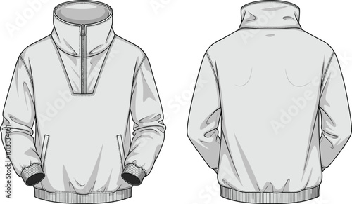 Half zip high neck pullover sweatshirt front and back view technical fashion template, detailed stitching, clean minimal style, cad drawing flat vector illustration