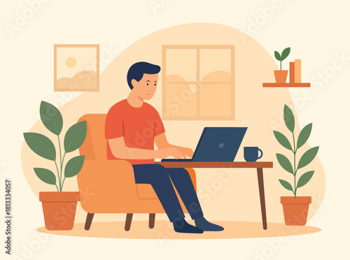 Person working on a laptop in a cozy indoor setting with plants and warm decor