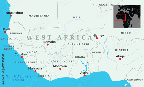 Political map of West Africa showing major countries, capital cities, borders, and its location within the African continent