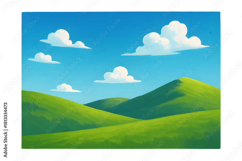 Fototapeta premium Beautiful Green Hills Landscape with Blue Sky and Clouds Nature Background Scenic Outdoors Illustration
