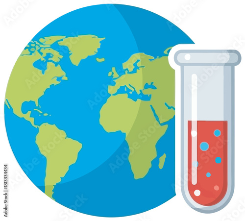 A stylized globe partially overlapped by a test tube containing red liquid and blue bubbles. Ideal vector for global health, worldwide research, clinical trials, medical science, or international test