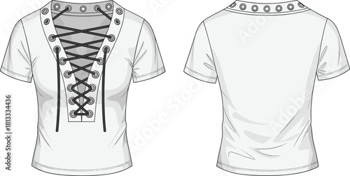 Lace-up front women’s T-shirt detailed fashion cad drawing flat vector illustration showing stylish grommet neckline design front and back