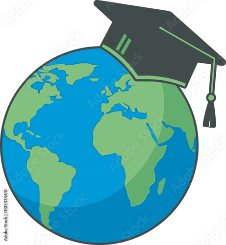 A stylized globe with a graduation cap and tassel on top. Clear vector for concepts of global education, international school, university, academic knowledge, worldwide learning, or academic success