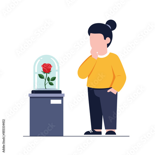 Person thoughtfully observing an enchanted rose preserved under a glass dome display case in a museum or gallery.