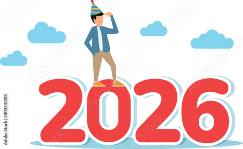 Man wearing party hat standing on number 2026 observing surroundings illustration of looking at prospects and opportunities in the new year