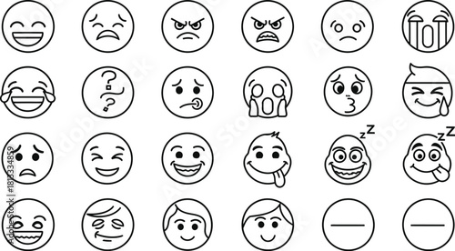 Set of Black and White Outline Emoji Faces Showing Various Emotions on a White Background emojis emoticon