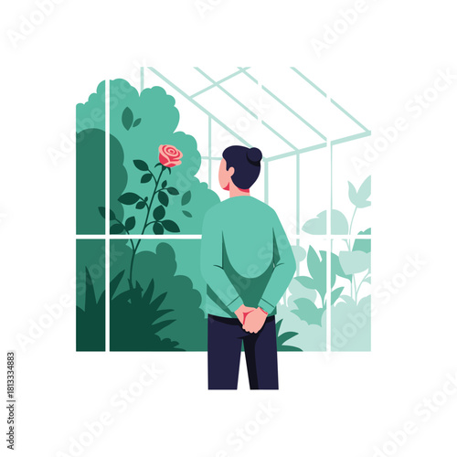 Person standing inside a lush greenhouse, looking with admiration at a single, perfect rose growing among other plants.
