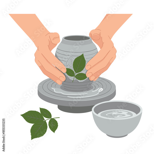 Close-up vector of a potter's hands carefully shaping a gray clay pot on a wheel, imprinting a fresh green rose leaf design.