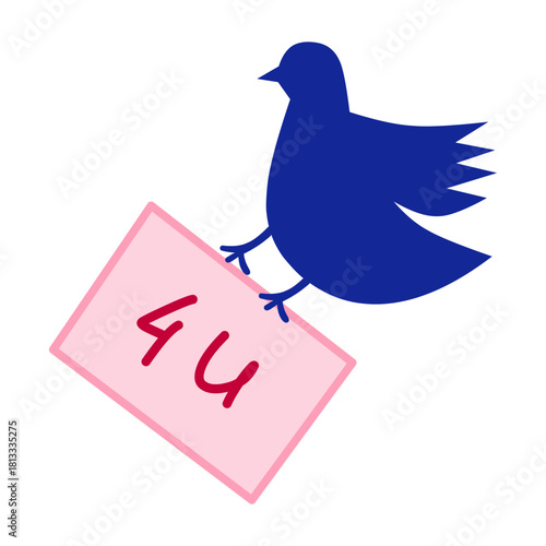 Hand drawn illustration of blue bird carrying romantic message (For you) perfect for romance, anniversary, wedding element clip art, etc.