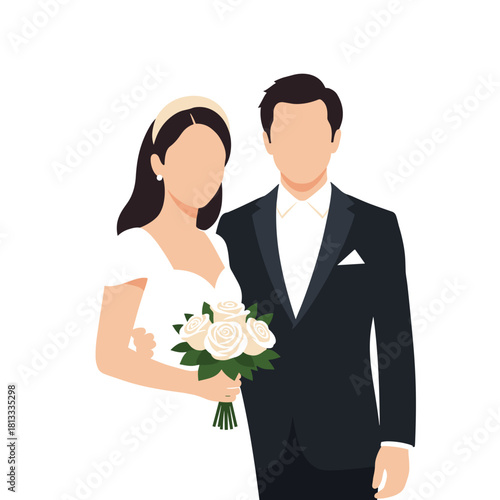 Elegant faceless bride and groom illustration, the bride in a white dress holding a beautiful bouquet of fresh white roses.