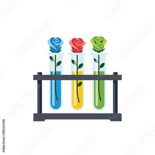 Scientific concept of genetic modification with blue, red, and green roses growing in colorful liquids inside laboratory test tubes.