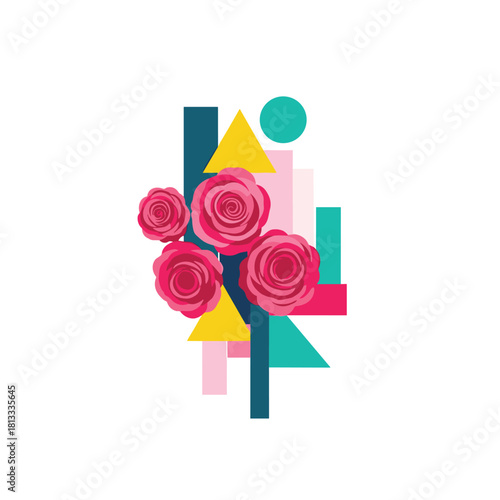 Modern abstract composition featuring vibrant pink roses intertwined with a dynamic arrangement of colorful geometric shapes.