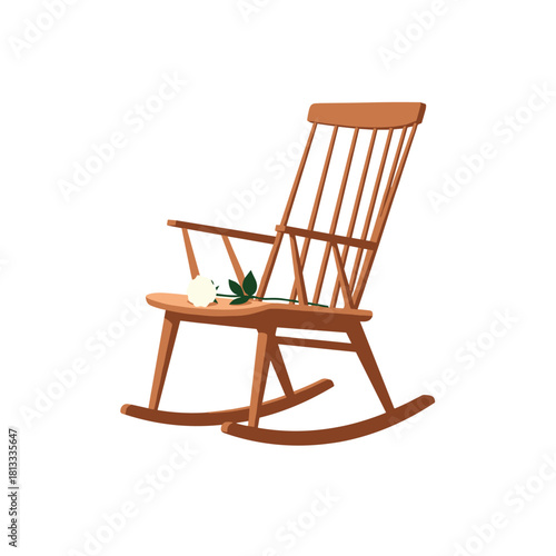 Single delicate white rose left on the seat of a classic wooden rocking chair, evoking a sense of memory and nostalgia.