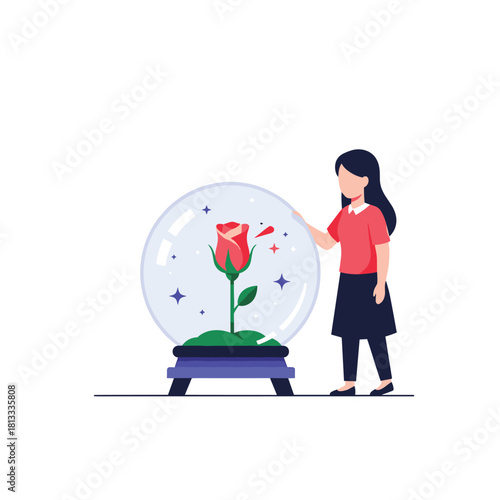 Young girl curiously looking at a magical red rose with sparkling petals preserved inside a large, mystical crystal ball.
