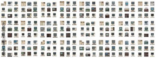 A massive collection of retro computer illustrations, showcasing the diverse designs of vintage PCs, monitors, and components from the 1980s and 1990s desktop era.