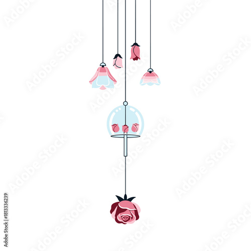 Whimsical and delicate mobile with hanging floral-shaped lamps, a glass cloche with small roses, and a large hanging rose.