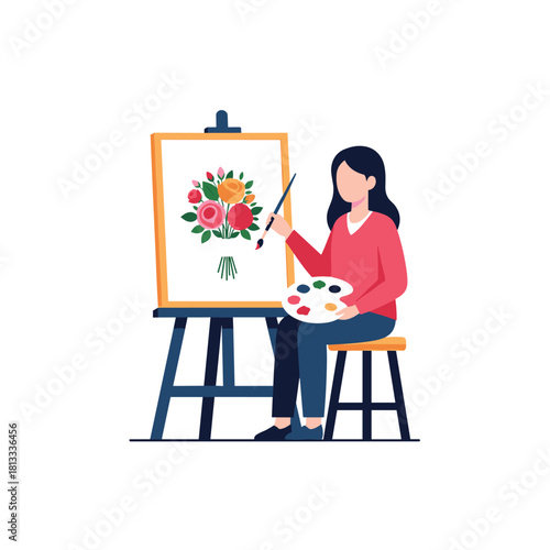 Female artist sitting at an easel with a palette, deeply focused on painting a colorful bouquet of roses on her canvas.
