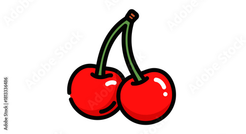 Vector illustration of two fresh, red, ripe, sweet cherries with a green leaf and stem, isolated on a white background, representing healthy fruit and delicious organic food