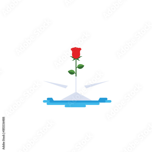 Conceptual illustration of a single red rose perfectly preserved and frozen inside a cracked block of translucent blue ice.