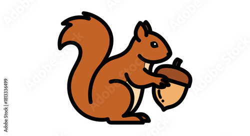 Cute cartoon vector illustration of a wild squirrel with an acorn, sitting on a branch