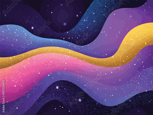 우아한 추상적 우주 배경, 보라색, 핑크색, 금색 물결 모양의 레이어와 반짝이는 별들로 구성된 몽환적인 디자인