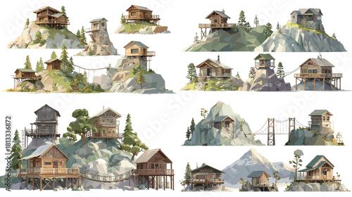 Illustration set of wooden cabins built on cliffs and rocky hillsides with forest views and rustic textures. Perfect for adventure themes, nature design, survival concepts, and mountain landscapes.