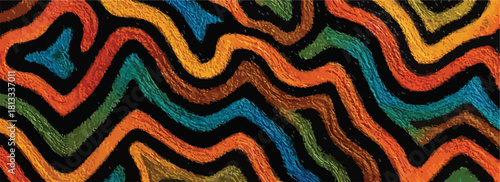 다채로운 추상적인 물결무늬 패턴, 원시적인 예술적 디자인, 배경 또는 질감으로 사용 가능