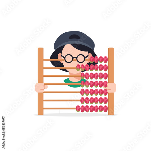 Cute girl with glasses and a cap peeking from behind a wooden abacus that uses pink rose buds instead of traditional beads.