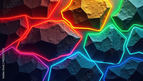 Vivid abstract composition features polygonal stone shapes with colorful neon lines tracing their edges, showcasing a modern, vibrant, and digital art style with a textured, three-dimensional...