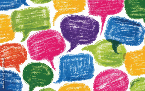 다채로운 색상의 말풍선들이 모여 소통과 아이디어를 표현하는 추상적인 벡터 아트.