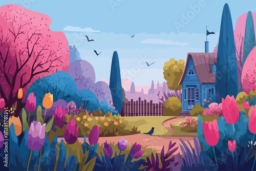 봄날의 아름다운 정원에 핀 형형색색의 튤립과 푸른 집이 있는 풍경