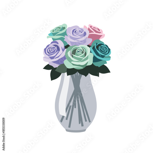 A beautiful bouquet of pastel-colored roses in shades of purple, mint green, and pink is elegantly arranged in a clear glass vase on a white background.