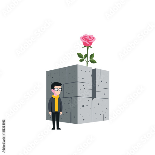 A cartoon man in glasses stands next to a large, cracked concrete block from which a single, delicate pink rose grows, symbolizing hope, resilience, and nature.