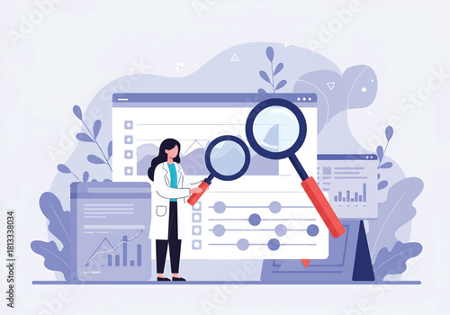 Illustration of a scientist analyzing data with magnifying glasses on a computer screen, showcasing data analysis and research