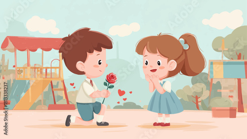 Cute childhood proposal scene with a kneeling boy offering a flower to a blushing girl in a pastel playground illustration perfect for Propose Day storytelling and romantic presentation projects.