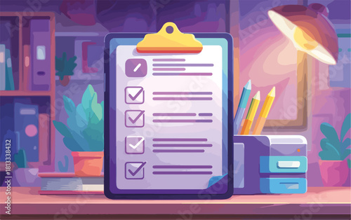 책상 위 클립보드에 체크리스트가 있고, 책상 램프가 켜져 있어 작업 공간을 비추는 모습