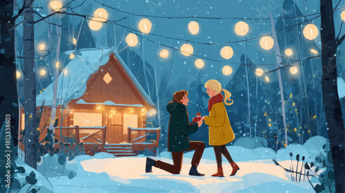 Romantic winter proposal scene with a kneeling man offering a ring under glowing lights near a cozy snow-covered cabin perfect for Propose Day campaigns, love storytelling visuals, and emotional prese