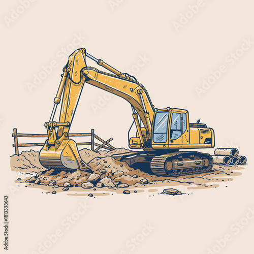 Yellow Excavator Working.Construction Digger Vector Art.Heavy Equipment Illustration.Retro Earth Mover Drawing.Industrial Machinery Sketch