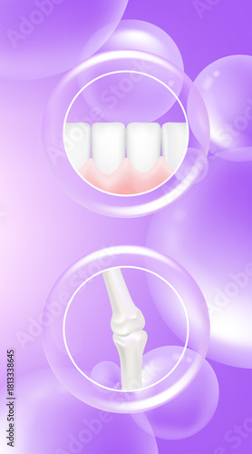 Hyaluronic acid teeth and gum, bone and joint solutions ad, purple collagen with cosmetic advertising background ready to use, illustration vector.	