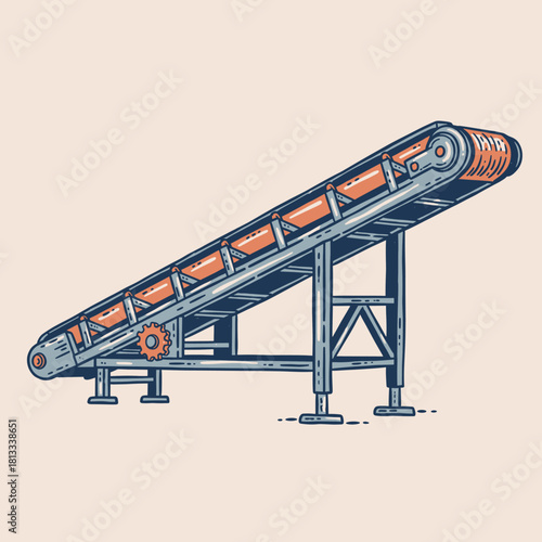 Industrial Conveyor Belt.Retro Manufacturing Machine.Inclined Production Line.Hand-Drawn Factory Element.Vector Logistics Equipment