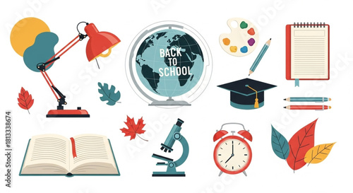 Get ready for back to school with this colorful and fun study set illustration featuring school supplies and educational tools for learning and inspiration